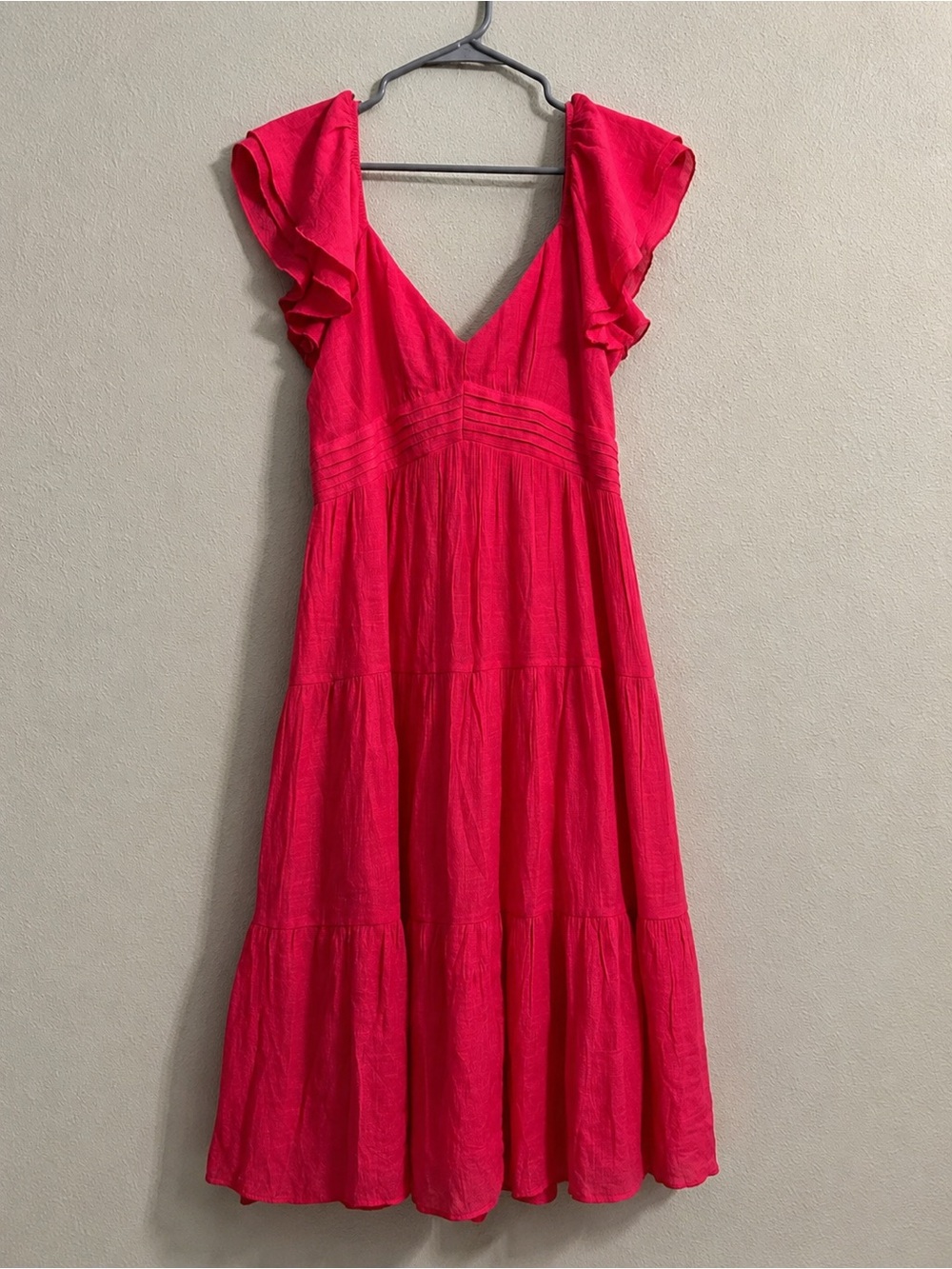 Trixxi Size L Hot Pink Tiered Midi Dress Ruffle Sleeve V Neck Boho